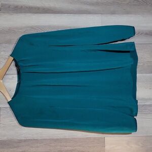 J Crew Womens Small Blouse Teal‎ Pleated Neckline Keyhole Back Long Sleeve Flowy